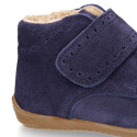 SUEDE leather OKAA FLEX kids Bootie shoes laceless with fur lining and with toe cap.