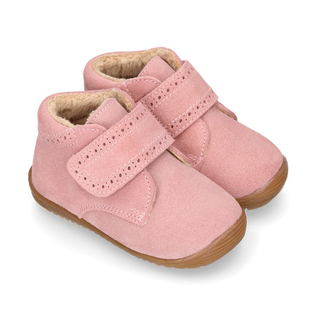 PINK Suede leather OKAA FLEX kids Bootie shoes laceless with fur lining and with toe cap.