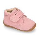 PINK Suede leather OKAA FLEX kids Bootie shoes laceless with fur lining and with toe cap.