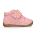 PINK Suede leather OKAA FLEX kids Bootie shoes laceless with fur lining and with toe cap.