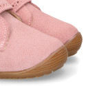 PINK Suede leather OKAA FLEX kids Bootie shoes laceless with fur lining and with toe cap.