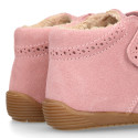 PINK Suede leather OKAA FLEX kids Bootie shoes laceless with fur lining and with toe cap.