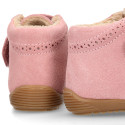 PINK Suede leather OKAA FLEX kids Bootie shoes laceless with fur lining and with toe cap.