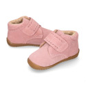 PINK Suede leather OKAA FLEX kids Bootie shoes laceless with fur lining and with toe cap.