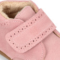 PINK Suede leather OKAA FLEX kids Bootie shoes laceless with fur lining and with toe cap.