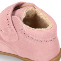 PINK Suede leather OKAA FLEX kids Bootie shoes laceless with fur lining and with toe cap.
