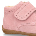 PINK Suede leather OKAA FLEX kids Bootie shoes laceless with fur lining and with toe cap.