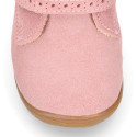 PINK Suede leather OKAA FLEX kids Bootie shoes laceless with fur lining and with toe cap.