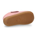 PINK Suede leather OKAA FLEX kids Bootie shoes laceless with fur lining and with toe cap.