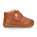 TAN color OKAA FLEX kids Bootie shoes laceless and with toe cap.