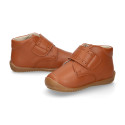 TAN color OKAA FLEX kids Bootie shoes laceless and with toe cap.