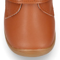 TAN color OKAA FLEX kids Bootie shoes laceless and with toe cap.