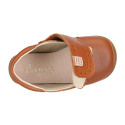 TAN color OKAA FLEX kids Bootie shoes laceless and with toe cap.
