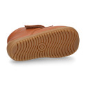 TAN color OKAA FLEX kids Bootie shoes laceless and with toe cap.