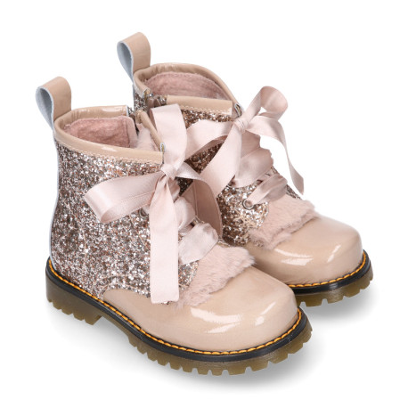 ROCK style patent leather kids boots with GLITTER and fur design and ties closure.