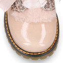 ROCK style patent leather kids boots with GLITTER and fur design and ties closure.