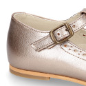 Girl T-Strap Mary Jane shoes in LAMINATED NAPPA leather with perforated design.