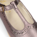 Girl T-Strap Mary Jane shoes in LAMINATED NAPPA leather with perforated design.