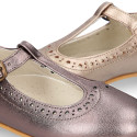 Girl T-Strap Mary Jane shoes in LAMINATED NAPPA leather with perforated design.