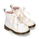 ROCK style patent leather kids boots with GLITTER and fur design and ties closure in IVORY color.