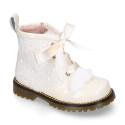 ROCK style patent leather kids boots with GLITTER and fur design and ties closure in IVORY color.