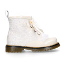 ROCK style patent leather kids boots with GLITTER and fur design and ties closure in IVORY color.