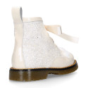 ROCK style patent leather kids boots with GLITTER and fur design and ties closure in IVORY color.