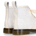 ROCK style patent leather kids boots with GLITTER and fur design and ties closure in IVORY color.