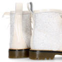 ROCK style patent leather kids boots with GLITTER and fur design and ties closure in IVORY color.