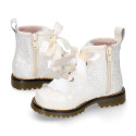 ROCK style patent leather kids boots with GLITTER and fur design and ties closure in IVORY color.