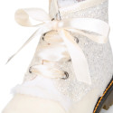 ROCK style patent leather kids boots with GLITTER and fur design and ties closure in IVORY color.