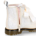 ROCK style patent leather kids boots with GLITTER and fur design and ties closure in IVORY color.