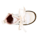 ROCK style patent leather kids boots with GLITTER and fur design and ties closure in IVORY color.