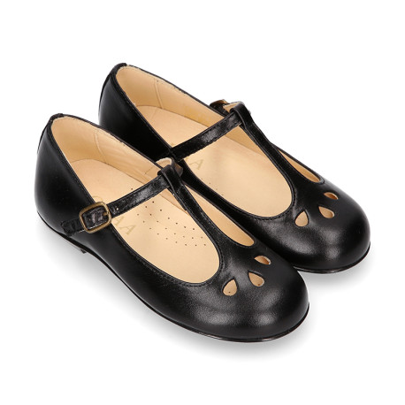 Girl T-BAR Mary Jane shoes in BLACK Nappa leather with petals design.