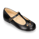 Girl T-BAR Mary Jane shoes in BLACK Nappa leather with petals design.