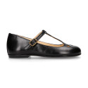 Girl T-BAR Mary Jane shoes in BLACK Nappa leather with petals design.