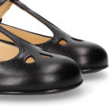 Girl T-BAR Mary Jane shoes in BLACK Nappa leather with petals design.