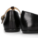 Girl T-BAR Mary Jane shoes in BLACK Nappa leather with petals design.