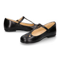 Girl T-BAR Mary Jane shoes in BLACK Nappa leather with petals design.