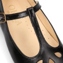 Girl T-BAR Mary Jane shoes in BLACK Nappa leather with petals design.