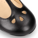 Girl T-BAR Mary Jane shoes in BLACK Nappa leather with petals design.