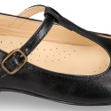 Girl T-BAR Mary Jane shoes in BLACK Nappa leather with petals design.