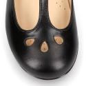 Girl T-BAR Mary Jane shoes in BLACK Nappa leather with petals design.