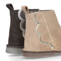 SHINY Suede leather kids ankle boot shoes with laminated waves and zipper closure.