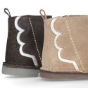 SHINY Suede leather kids ankle boot shoes with laminated waves and zipper closure.