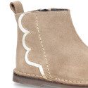 SHINY Suede leather kids ankle boot shoes with laminated waves and zipper closure.