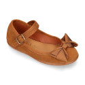 TAN Suede leather little Girl Mary Jane shoes with buckle fastening and BOW.