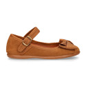 TAN Suede leather little Girl Mary Jane shoes with buckle fastening and BOW.