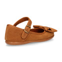 TAN Suede leather little Girl Mary Jane shoes with buckle fastening and BOW.