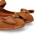 TAN Suede leather little Girl Mary Jane shoes with buckle fastening and BOW.